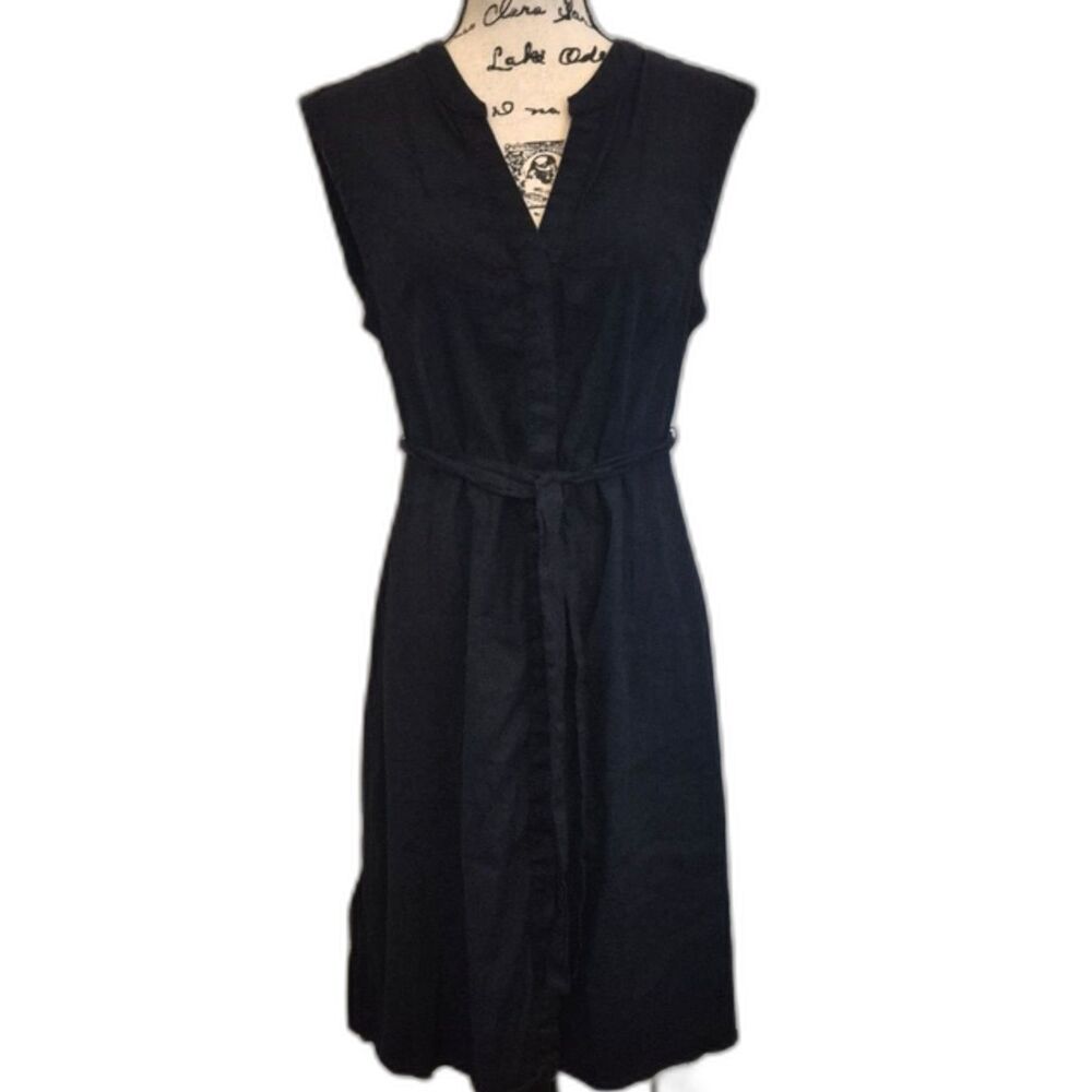 Tahari Black Linen Blend Belted Midi Dress Size 8 Sleeveless V Neck Minimalist